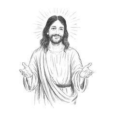 Jesus Christ with open arms Hand drawn pencil sketch. A gentle, inspirational biblical illustration for religious designs, prints. Vector