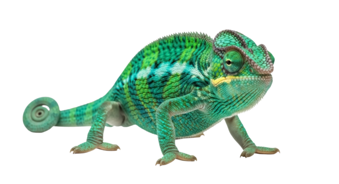 Colorful panther chameleon isolated PNG on transparent backdrop, Furcifer pardalis with vibrant green and turquoise skin, exotic pet