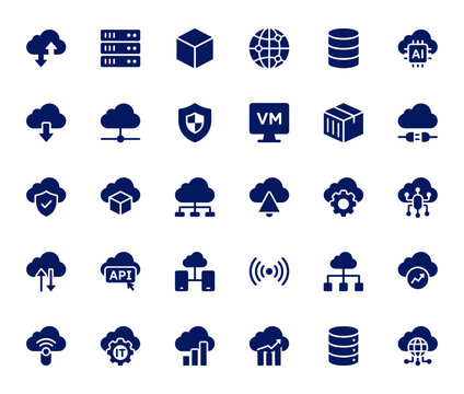 Comprehensive Vector Icon Set Detailing Cloud Computing and Networking Infrastructure, Including Data Storage, Server Architecture, Security, Virtual Machines, and Connectivity Symbols.