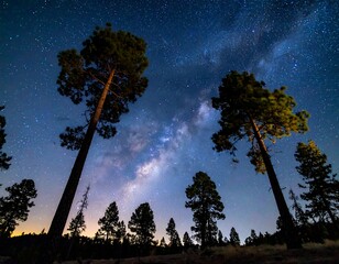 Tall trees silhouetted against a vibrant night sky filled with stars
