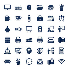 Diverse Vector Icon Set of Modern Office and Business Tools, Covering Computer Peripherals, Meeting Equipment, Documentation, and Communication Symbols for Corporate Graphics.
