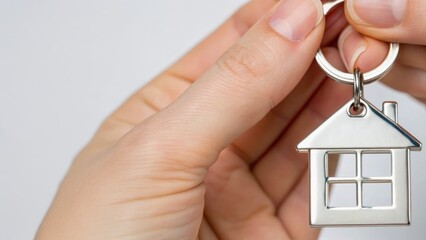 A hand holding a silver house-shaped keychain, symbolizing home ownership and real estate.