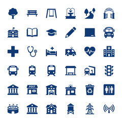 Comprehensive Vector Icon Set of Community Services and Public Infrastructure, Including Education, Healthcare, Transportation, Government, and Recreational Facilities.