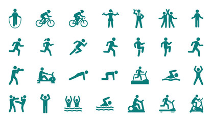 Diverse Vector Icon Set of Human Silhouettes Engaging in Various Physical Activities and Sports, Including Running, Cycling, Boxing, Swimming, and Gym Workouts.