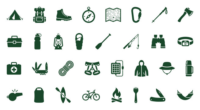 Comprehensive Vector Icon Set of Hiking and Camping Gear and Accessories, Including Tents, Backpacks, Boots, Maps, Tools, and Safety Equipment for Wilderness Guides.