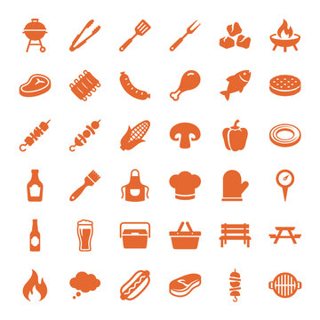 Diverse Vector Icon Set of BBQ and Grilling Tools, Ingredients, and Accessories, Featuring Grills, Utensils, Meat, Vegetables, Beverages, and Picnic Items for Outdoor Cooking.