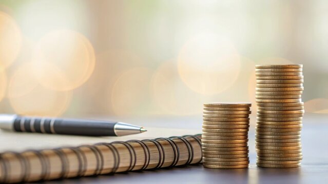 Stacks of coins next to a pen and notebook, set against a softly blurred background, evoking themes of finance and productivity.