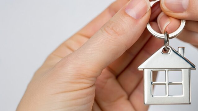 A hand holding a silver house-shaped keychain, symbolizing home ownership and real estate.