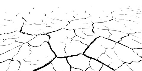 High-contrast cracked earth texture in black and white. Detailed dry soil pattern showing deep fractures and arid surface. Perfect for backgrounds, drought concepts, textures, and environmental design