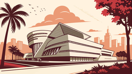 Stunning architectural design of a modern library near palm trees, perfect for community engagement brochures and creative city planning presentations