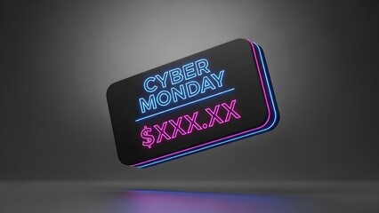 A 3D rendering of a Cyber Monday sale tag with neon blue and pink lights, floating against a dark background.