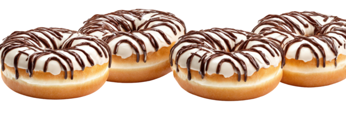 Four glazed doughnuts with white frosting and chocolate drizzle. Baked goods with a hole