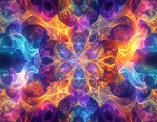Symmetric vibrant abstract pattern with swirling flames and shapes