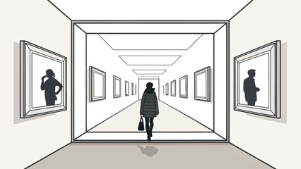 Woman explores modern art gallery, enjoying creative inspiration and cultural enrichment, surrounded by framed artwork in a spacious hall of artistic expression