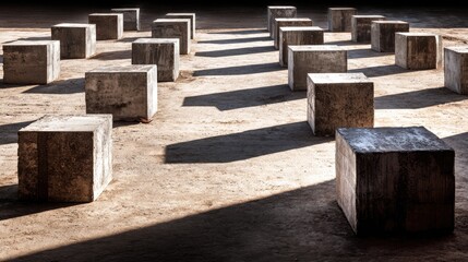 Abstract Composition of Geometric Shapes with Concrete Blocks Casting Long Shadows on a Textured Surface in Soft Natural Light