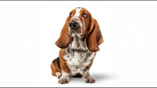Adorable basset hound dog sitting and looking up with curious expression on white background