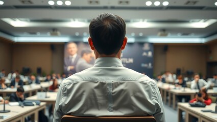 Generative AI future corporate event attendee observing a dynamic presentation from the audience