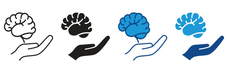 Brain care icon set. Carefully holding brain in hand, concept illustration of taking care about brain .Vector illustration.