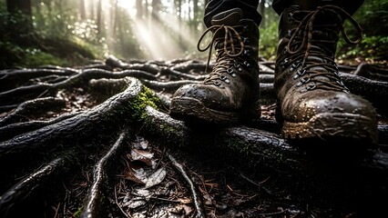 A person's feet in sturdy hiking boots standing on a forest path covered with gnarled tree roots, with sunlight filtering through the trees.