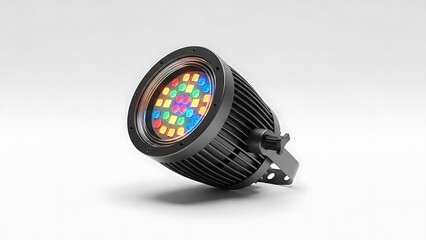 Led stage lighting fixture with colorful light emission on white background