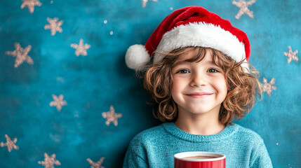 A boy wearing a red New Year's hat holding a mug of hot chocolate. New Year, Christmas, childhood, happiness, and winter holidays.