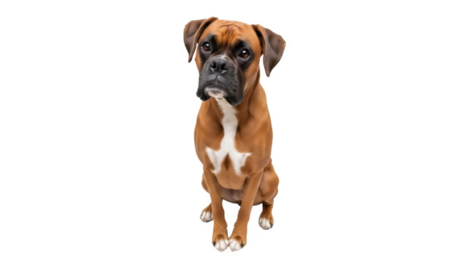 Alert boxer dog PNG isolated on transparent background, fawn-colored purebred with attentive expression for pet-related designs
