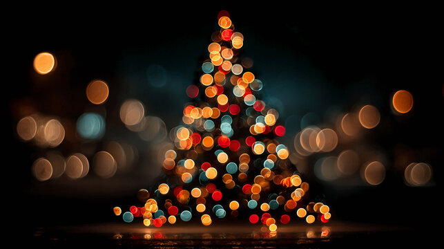 A Christmas tree with bright multicolored lights on a dark background. For themes related to New Year, Christmas, family traditions, and winter mood.