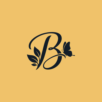 Script letter B logo design with leaves and a butterfly flat illustration