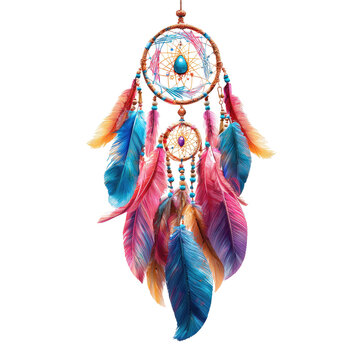 A decorative dream catcher, featuring vibrant feathers in a palette of pinks, blues, and oranges