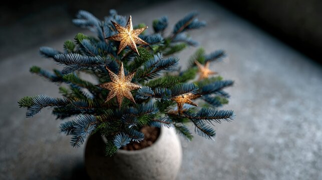 Potted evergreen branch adorned with illuminated star shaped decorations