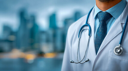 A doctor in a white coat with a blue stethoscope around his neck and a tie, on a blurred blue background. Medicine, healthcare, consultations, and a clinic.