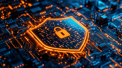A digital shield with a lock in the center, made of glowing orange lines on a chip background. Cybersecurity, data protection.