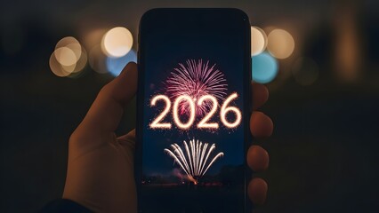A person holds a smartphone displaying the year 2026 with fireworks in the background, celebrating a future event.