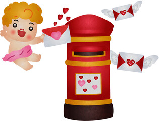 Cartoon Cupid Delivering Love Letter Illustration Watercolor Hand Drawn Style