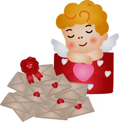 Cupid with Stack of Love Letters Illustration Watercolor Hand Drawn Style