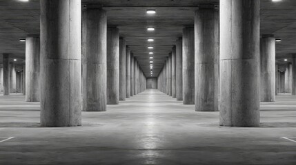 Obraz premium Symmetrical View of Concrete Pillars in an Empty Parking Structure with Modern Industrial Design and Soft Lighting Effects