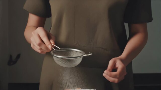 A baker finishes decorating a creamy cake by dusting it with powdered sugar through a sieve.