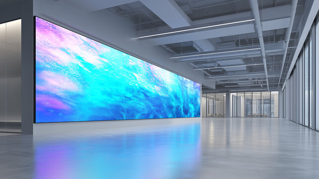 Spacious modern office interior featuring a large vibrant LED screen displaying abstract blue and purple liquid motion, reflecting on the polished floor in a high-tech corporate setting.