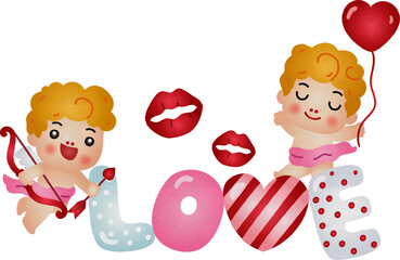 Cartoon Cupids with Love Text Watercolor Hand Drawn Style