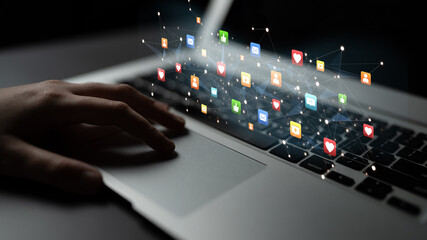 Social media interaction digital icons floating show concept of social media marketing. Online...