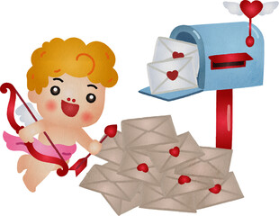 Watercolor Cupid with Mailbox and Love Letters Hand Drawn Style
