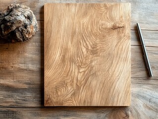 A wooden board and a pen are placed on a wooden table, with a rustic aesthetic, captured from a top-down perspective.