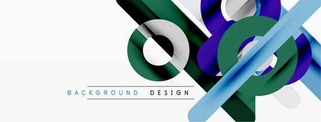 Abstract geometric shapes overlap, creating dynamic composition. Blue, green, purple hues dominate white background. Modern design element.