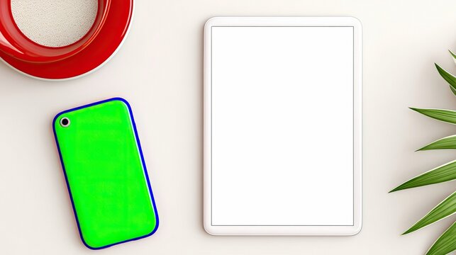 Overhead shot of a tablet, smartphone, coffee cup, and plant leaves on a light-colored table. The tablet and phone screens are blank.