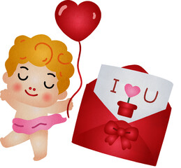 Illustration of Cupid With Heart Balloon and Letter Watercolor Hand Drawn Style