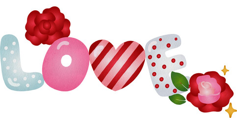 Watercolor Love Text with Roses Illustration Watercolor Hand Drawn Style