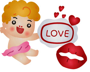 Cartoon Cupid Holding Love Sign with Lips Illustration Watercolor Hand Drawn Style