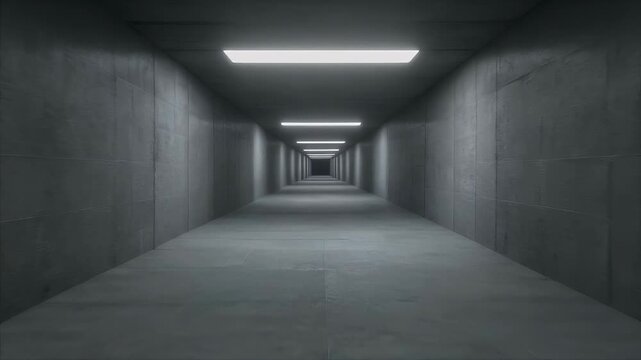 An empty, well-lit concrete tunnel stretches into the distance, conveying a sense of depth and minimalist design.