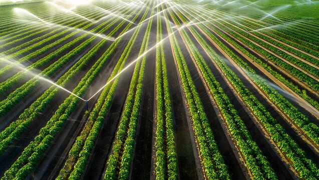 Aerial view of an irrigated agricultural field with sunbeams