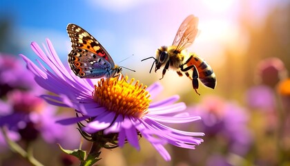 Obraz premium Close-up of a butterfly and bee on a purple flower in sunlight. The sky is blue with a bright halo. Focus on the details